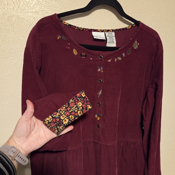 Vintage Bobbie Brooks Corduroy Dress Cottagecore Embroidered Buttons XL 16 / 18 - Picture 3 of 10